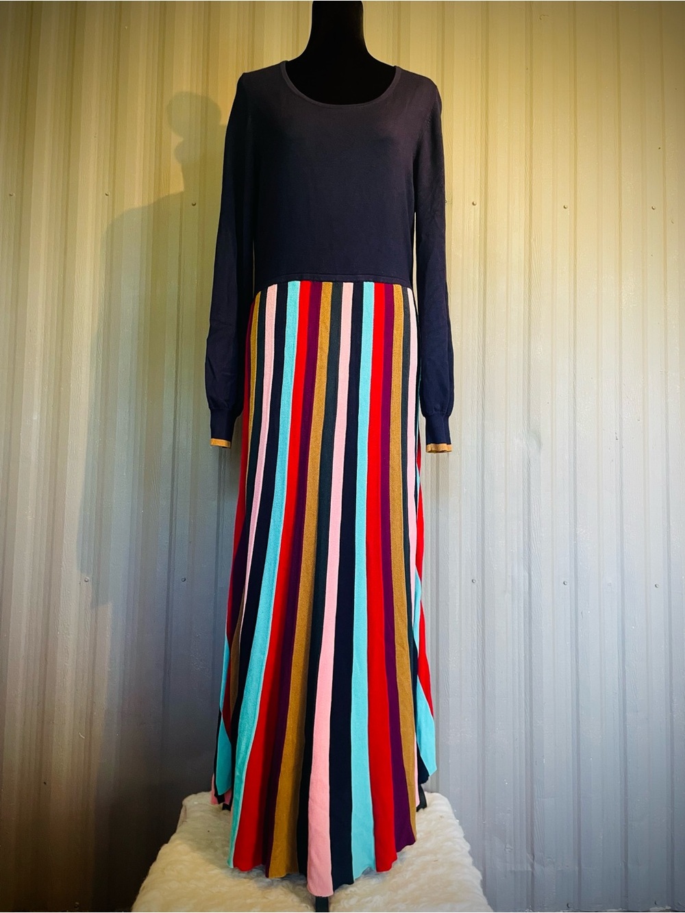 Boden Margie Sweater Dress Navy Rainbow Maxi Fit & Flare Long Sleeve SOFT! sz 12 - Picture 4 of 11